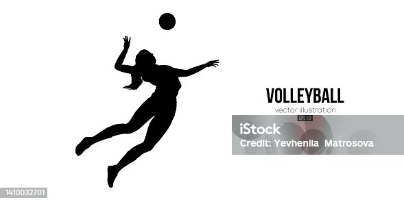 istock Abstract silhouette of a volleyball player on white background. Volleyball player woman hits the ball. Vector illustration 1410032701