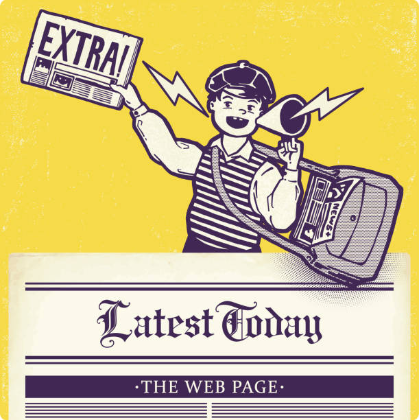 illustrations, cliparts, dessins animés et icônes de paperboy avec mégaphone et actualités, en-tête de page web - reading newspaper men magazine