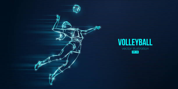 ilustraciones, imágenes clip art, dibujos animados e iconos de stock de silueta abstracta de un jugador de voleibol sobre fondo azul. la mujer jugadora de voleibol golpea la pelota. ilustración vectorial - volleyball volleying women female