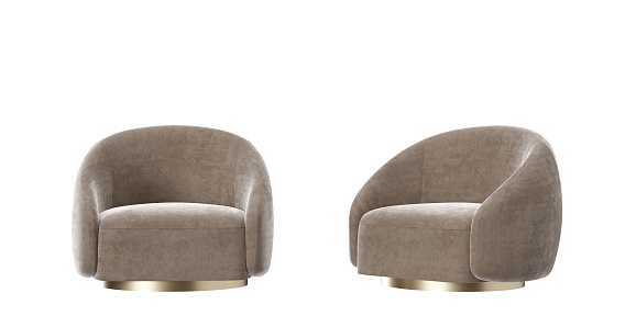 Beige armchair isolated on white background. Front and side view. Modern furniture. Beautiful armchair, contemporary style. 3D rendering