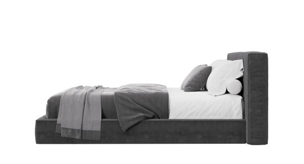 istock Double bed isolated on white background. Side view. Modern furniture. Grey and white bedding. Beautiful bed, contemporary style. 3D rendering. 1410033007