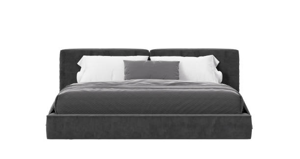 istock Double bed isolated on white background. Front view. Modern furniture. Grey and white bedding. Beautiful bed, contemporary style. 3D rendering. 1410033011