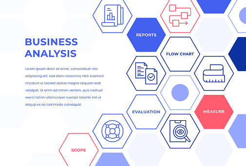 Business Analysis Web Banner Concepts. Colorful Line Icons placed in Hexagon shape.