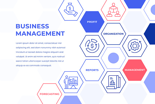Business Management Web Banner Concepts. Colorful Line Icons placed in Hexagon shape.