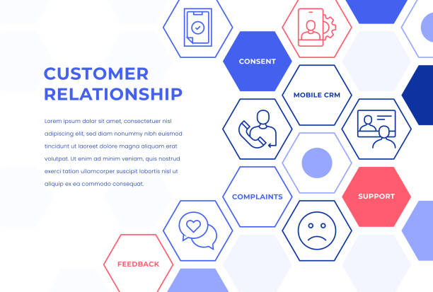 Customer Relationship Web Banner Concepts Customer Relationship Web Banner Concepts. Colorful Line Icons placed in Hexagon shape. better complaint stock illustrations