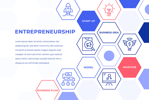 Entrepreneurship Web Banner Concepts. Colorful Line Icons placed in Hexagon shape.