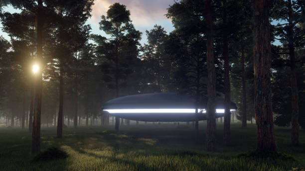 istock 3d illustration contact with UFO in the forest 1410040046