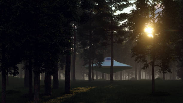 istock 3d illustration contact with UFO in the forest 1410040064