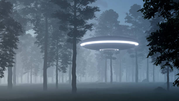 istock 3d illustration contact with UFO in the forest 1410040084