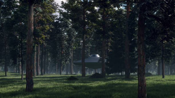 istock 3d illustration contact with UFO in the forest 1410040101