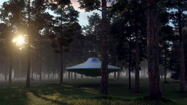 istock 3d illustration contact with UFO in the forest 1410040133