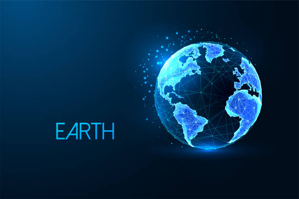 istock Abstract planet earth globe map, view from space concept banner in futuristic glowing style on blue 1410040334