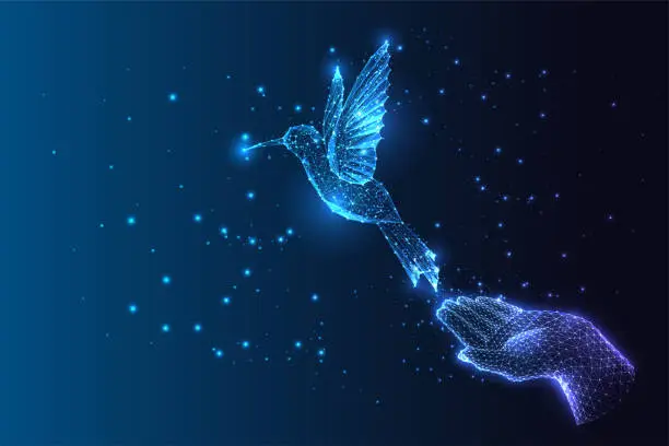 Vector illustration of Futuristic concept of dream, hope, freedom, inspiration with hand and flying bird hummingbird