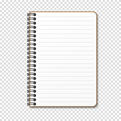 Notepad with a vertical spring spiral. Notebook with a lined sheet. Vector illustration on a transparent background.