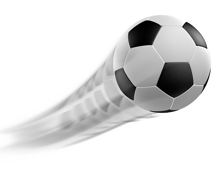 Classic white and black soccer ball moving up on white background