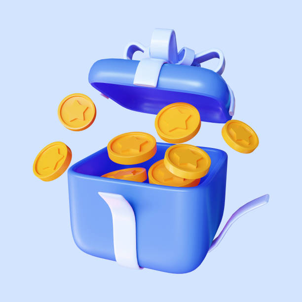 3D rendering of open Gift box with coin reward, earn points and loyalty program, Isolated on blue background 3D rendering of open Gift box with coin reward, earn points and loyalty program, Isolated on blue background 3d referal stock pictures, royalty-free photos & images