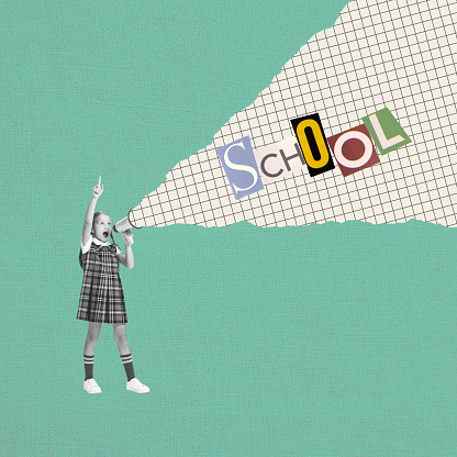 Attention. Back to school concept. Creative collage with school age girl shouting at megaphone isolated on green background with cut out letters in magazine style. Childhood, education, studying