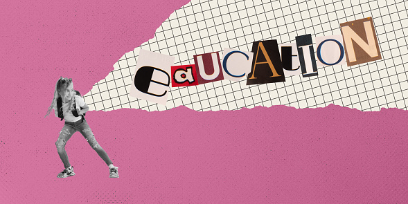 Getting ready to back to school. Art collage with school age girl with backpack isolated on pink background with cut out letters in magazine style. Childhood, education, studying. Copy space for ad