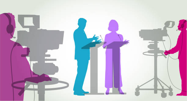 TV Election Debate Colourful overlapping silhouettes of politicians during a TV Election Debate. leadership election, public speaking, speech, argue, 10 Downing street professional video camera stock illustrations