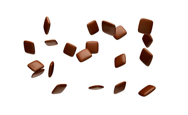 istock Brown Chocolate coated candies square shape Flying in the air 3d illustration 1410043942