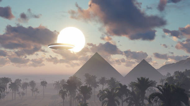 istock 3d UFO hanging in the sky over the ancient pyramids 1410047191