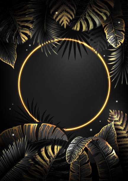 istock Summer background with neon frame and  black and golden tropic leaves. Nature concept. Vector illustration 1410047359