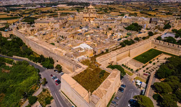 Aerial view of Former capital of Malta. Also known as Silent city. Shooting location of tv show Game of thrones season 1