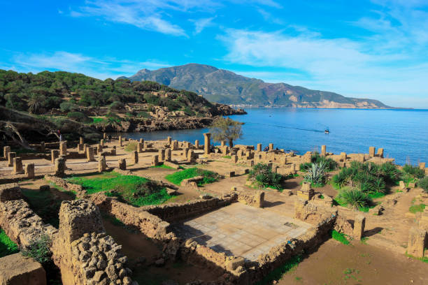 Ancient Ruins of Roman Tipasa with the Nice View to the Mediterranean coastline near Tipaza city stock photo