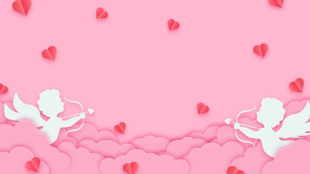 Happy valentines day greeting background in papercut style. Horizontal poster, greeting card flyer. Space for text. Holiday pink banner with paper clouds, cupids and hearts Happy valentines day greeting background in papercut style. Horizontal poster, greeting card flyer. Space for text. Holiday pink banner with paper clouds, cupids and hearts. cupid stock illustrations