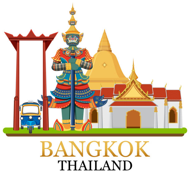 방콕 태국 랜드마크 로고 배너 - thailand thai culture travel buddha stock illustrations