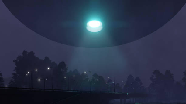 istock 3d Ufo at night above the highway with lanterns 1410052730