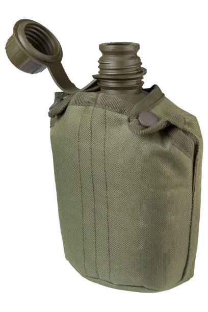 istock Military flask for water, in a green case, with an open lid, on a white background 1410053205