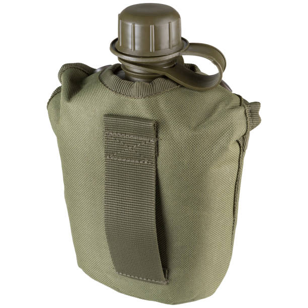 istock Military tactical khaki flask for water, in a thermo case, with a strap for fastening, on a white background 1410053242