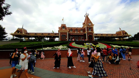 Disneyland Hong Kong, November 2021 : Front view of Hong Kong International Amusement Park namely Disneyland Resort Hong Kong.