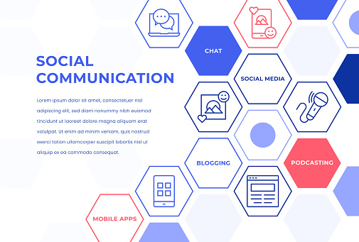 Social Communication Web Banner Concepts. Colorful Line Icons placed in Hexagon shape.