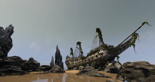scafo di una vecchia nave naufragata illustrazione 3d - storm sailing ship sea shipwreck foto e immagini stock