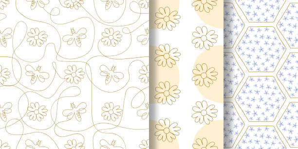 단일 연속 선 그리기 꽃 패턴 세트 벡터 - bee flower backgrounds golden sunflower stock illustrations