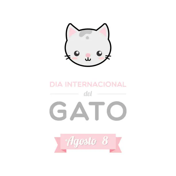 Vector illustration of International Cat Day. August 8. Spanish. Dia internacional del gato. Agosto 8. Cat face filled icon. Vector illustration, flat design
