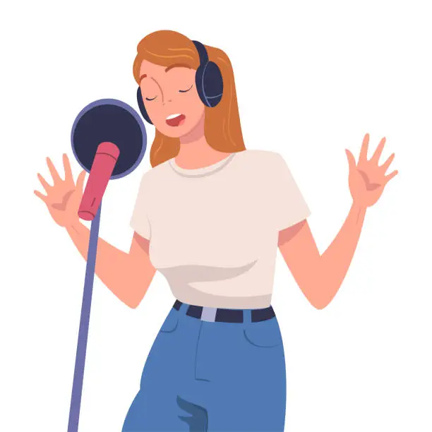Vector illustration of Woman Singer and Musician with Microphone Performing Music on Stage Vector Illustration