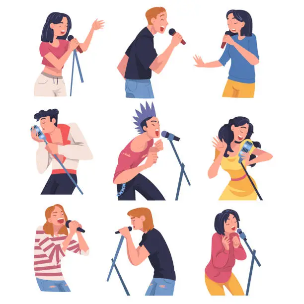 Vector illustration of Singers and Musician with Microphone Perform Music on Stage Vector Set