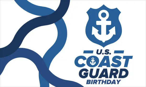 Vector illustration of U.S. Coast Guard Birthday in United States. Federal holiday, celebrated annual in August 4. Sea style. Design with anchor and shield. Patriotic element. Poster, greeting card, banner and background. Vector