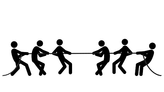 Set of stick figures tug of war on a white background. Flat style, vector illustration.