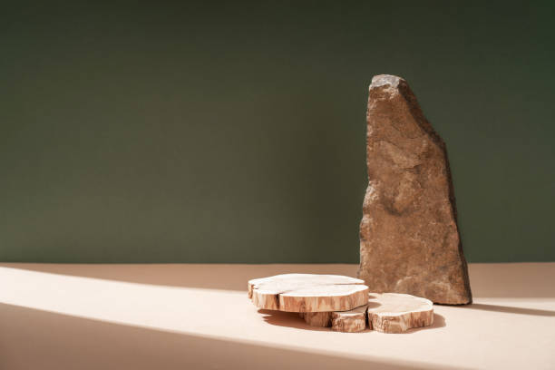 istock Composition empty podium material tree stone dry flowers. Product presentation. Background beige green. Beautiful background from natural materials. 1410062554