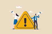 istock Important announcement, attention or warning information, breaking news or urgent message communication, alert and beware concept, business people announce on megaphone with attention exclamation sign 1410062638