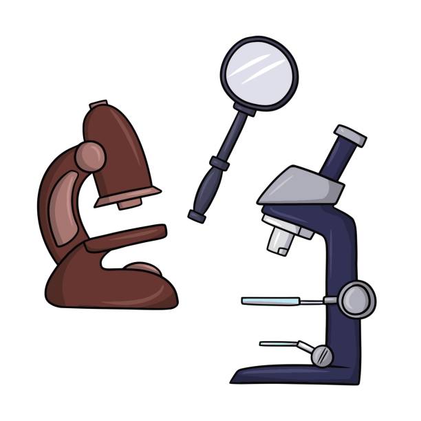 A set of pictures, magnifying devices for laboratory study, a microscope and a magnifying glass, a vector A set of pictures, magnifying devices for laboratory study, a microscope and a magnifying glass, a vector illustration in cartoon style on a white background photographic enlarger stock illustrations