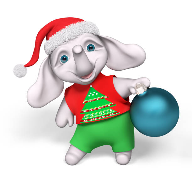 istock Funny little elephant character holding Christmas bauble decoration 3d rendering 1410064280