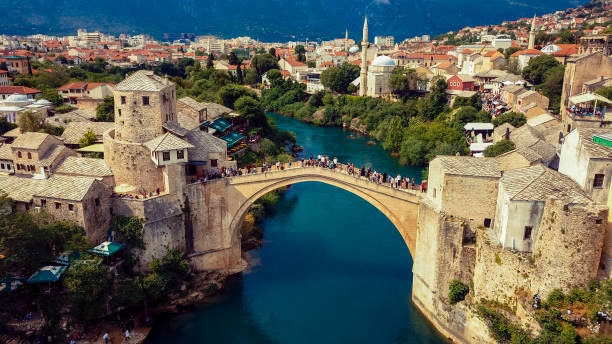 Aerial View to the Old Bridge in the heart of the Old City of Mostar Aerial View to the Old Bridge in the heart of the Old City of Mostar, Bosnia and Herzegovina stari most mostar stock pictures, royalty-free photos & images