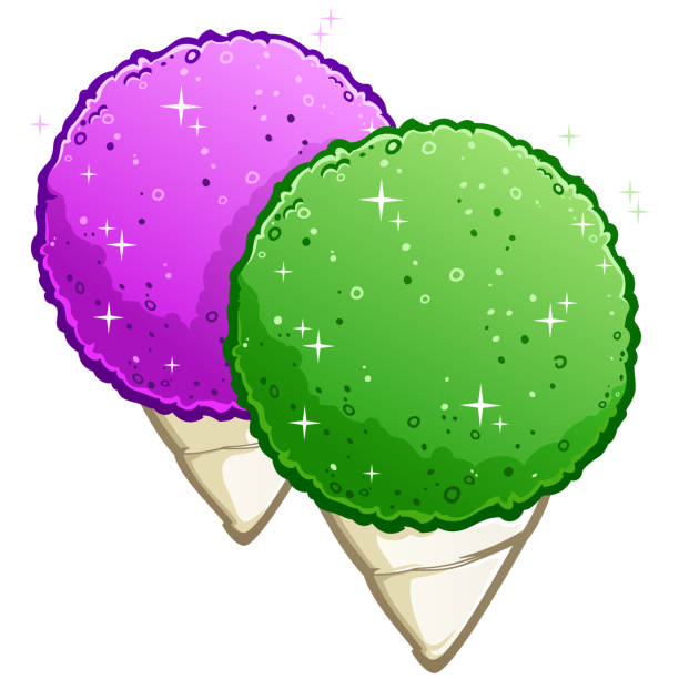 Snow cones green lime and purple grape cartoon illustrations A pair of red cherry and blue raspberry snow cone frozen desserts cartoon vector illustration snow cone stock illustrations