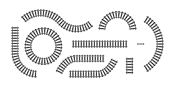 Vector illustration of curved railroad isolated on white background. Straight and curved railway train track icon set. Top view railroad train pathes.