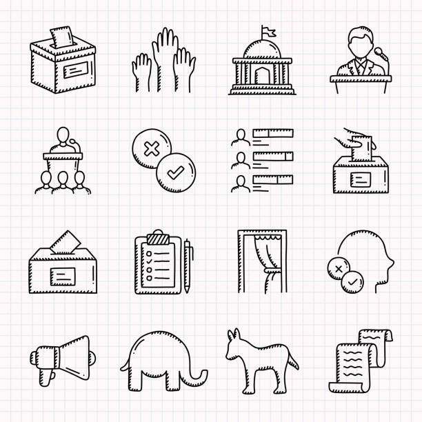 ilustraciones, imágenes clip art, dibujos animados e iconos de stock de election related hand drawn icons set, doodle style vector illustration - voting doodle republican party democratic party